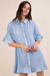 VERY J Pleated Detail Button Down Mini Dress OutfitFlow